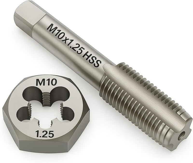 Yamesh M10x1.25 Metric Tap and Die Set Right Hand HSS Tap & GCr15 Hex Die for Metal Thread Repair - Image 1